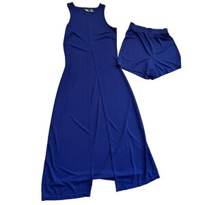 Vintage Newport News Europa Maxi Dress Set Sz 4 Blue Y2K 90s Grunge Siren Shorts